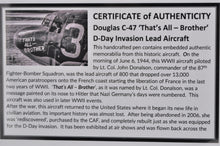 Load image into Gallery viewer, D-DAY INVASION LEAD AIRCRAFT C-47 "THATS ALL - BROTHER" Normandy WWII C47 Warbird Authentic Embedded Airplane Part Pen, RARE Custom Handmade