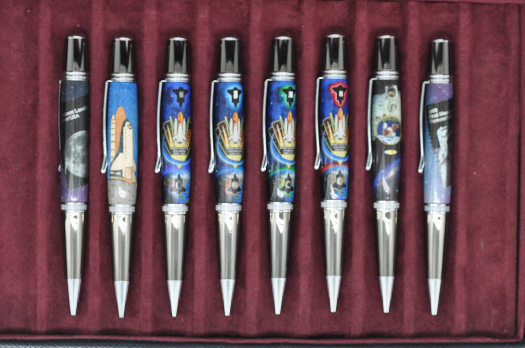 SPACE SHUTTLE, APOLLO 11, and LUNAR LANDING CUSTOM 8 PEN SET - AUTHENTIC SPACECRAFT EMBEDDED MATERIALS, LUNAR LANDING STAMPS - Custom, Rare and Limited
