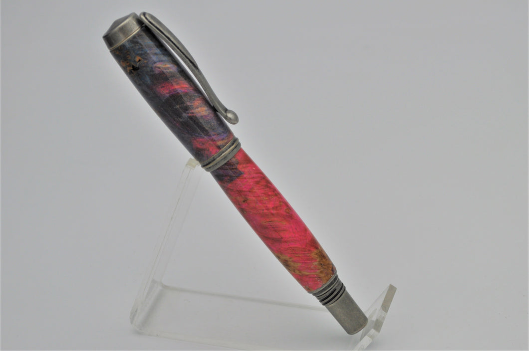 Pen Handcrafted Custom made, Box Elder Burl Wood Dyed Pink and Blue, Antique Pewter Rollerball or Fountain