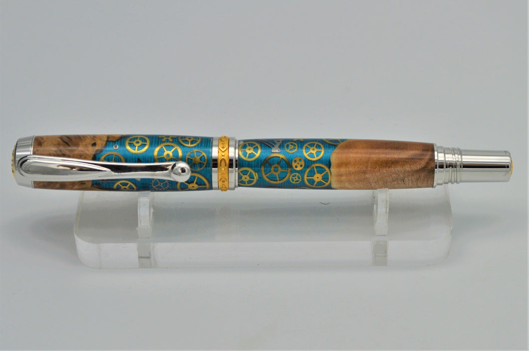 Pen Rollerball Handmade Custom Hybrid Wood, Watch Parts Blue/Green Background