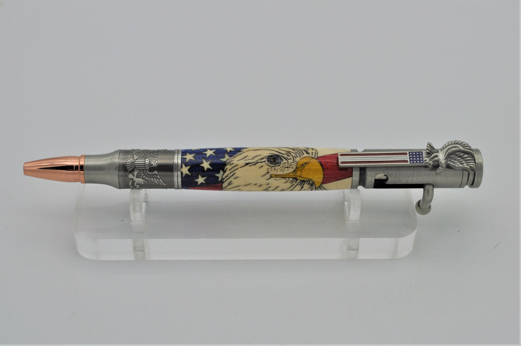 EAGLE FLAG Pen Bolt Action Wood Hand Inlaid US American Patriotic Ballpoint