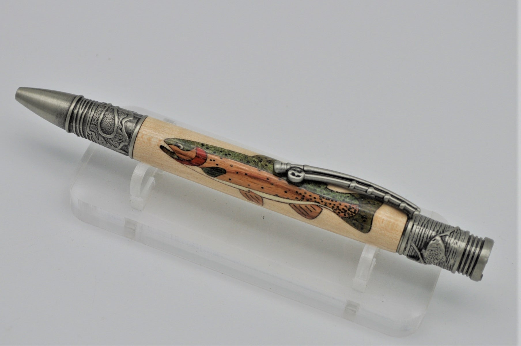 Cutthroat Trout Inlaid Wood Ballpoint Pen, Antique Nickel, Fly