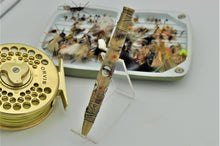 Load image into Gallery viewer, Fly Fishing Ballpoint Pen with Real Flies on Buckeye Burl Wood, Handmade Custom, One of a Kind