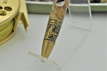 Load image into Gallery viewer, Fly Fishing Ballpoint Pen with Real Flies on Buckeye Burl Wood, Handmade Custom, One of a Kind