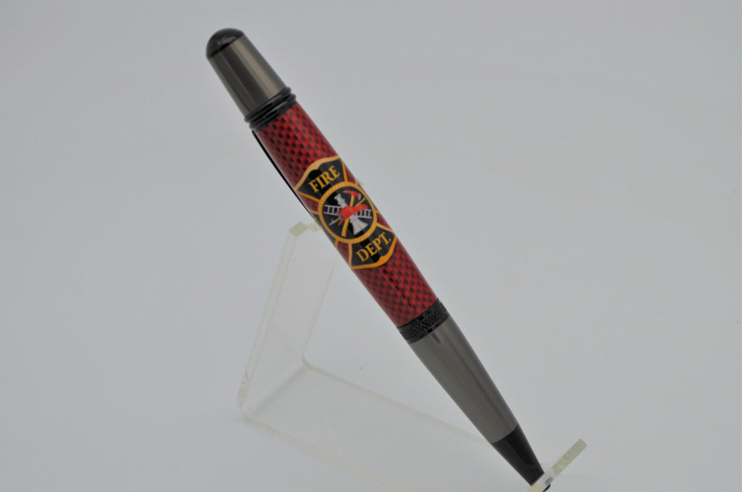 Fire Logo Pen on Red Carbon Fiber Look, Handmade Custom