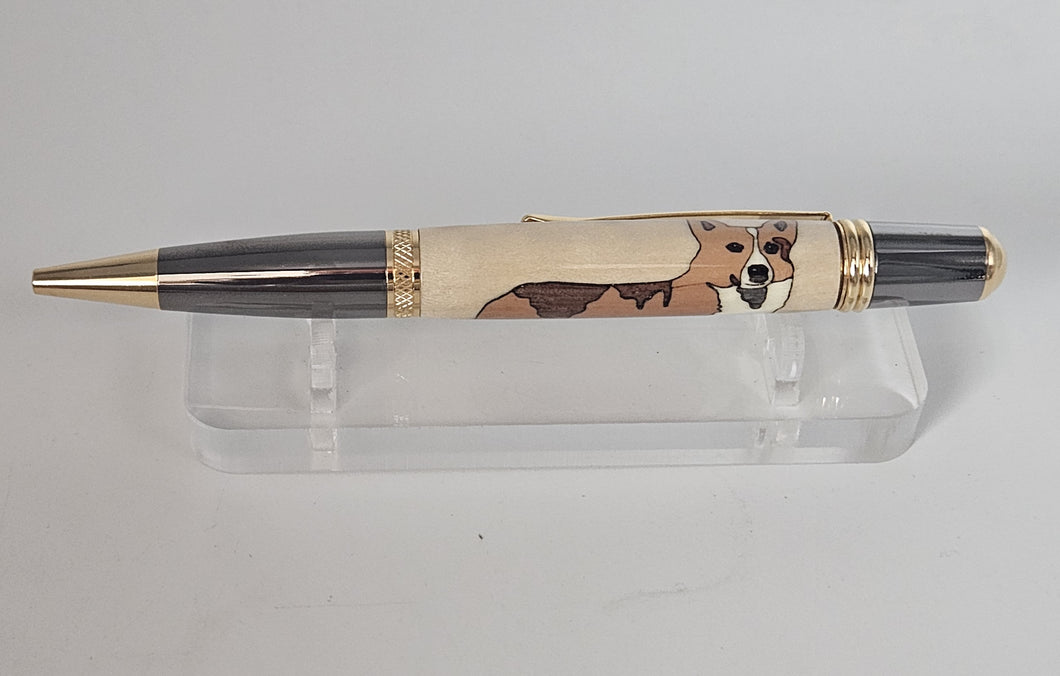 Corgi Dog Wood Inlay Handmade Custom Ballpoint Pen