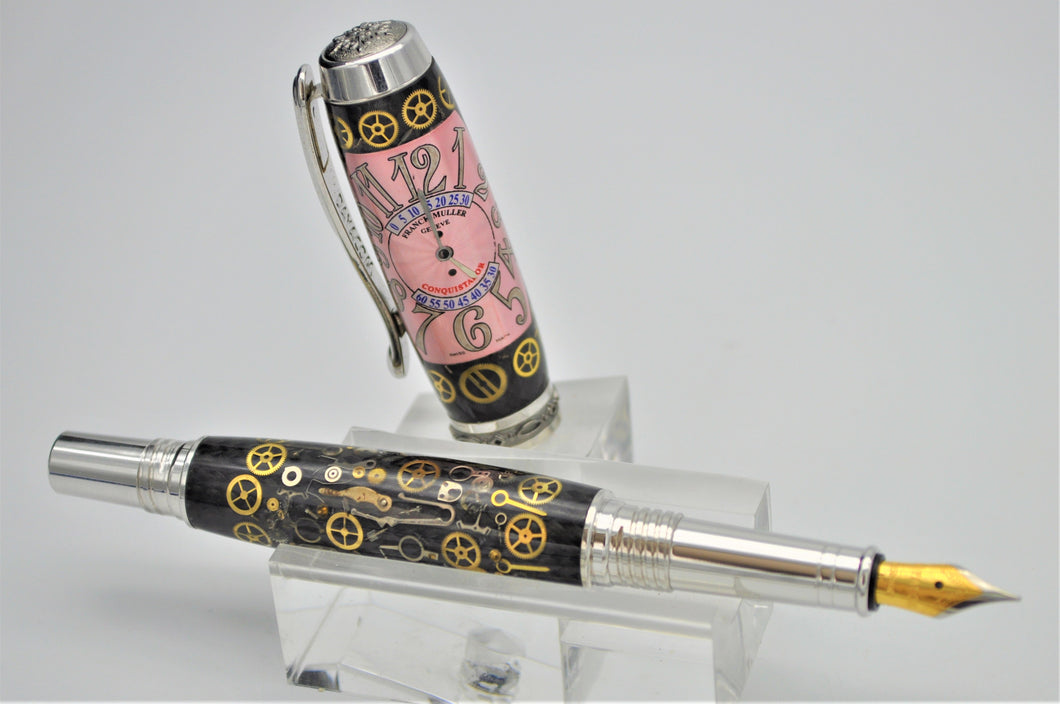 Highly Detailed Premium Watch Parts Pen Handcrafted Custom made with Retired Pink Franck Muller Watch Dial, Fountain