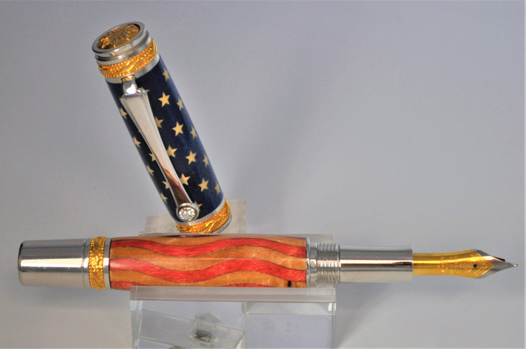 Patriotic American U.S. Flag, Hand Inlaid Wood Majestic Pen Handmade, Fountain or Rollerball Collector Pen