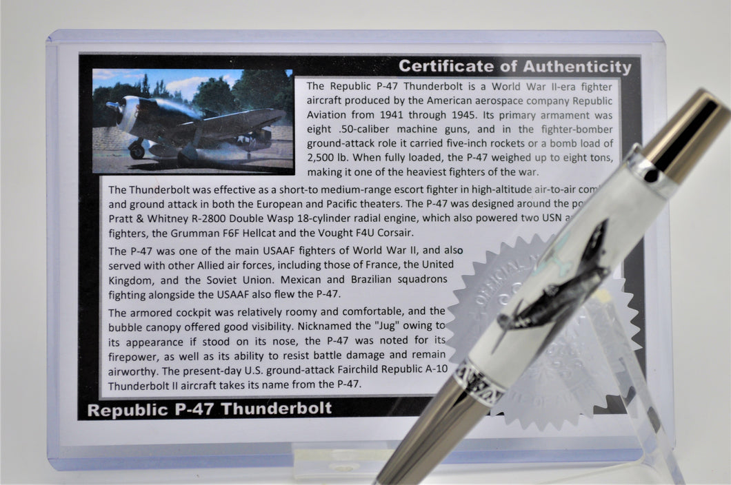 P 47 Thunderbolt Relic Memorabilia Pen - WWII Actual P-47 Material Embedded, Certified LIMITED RARE