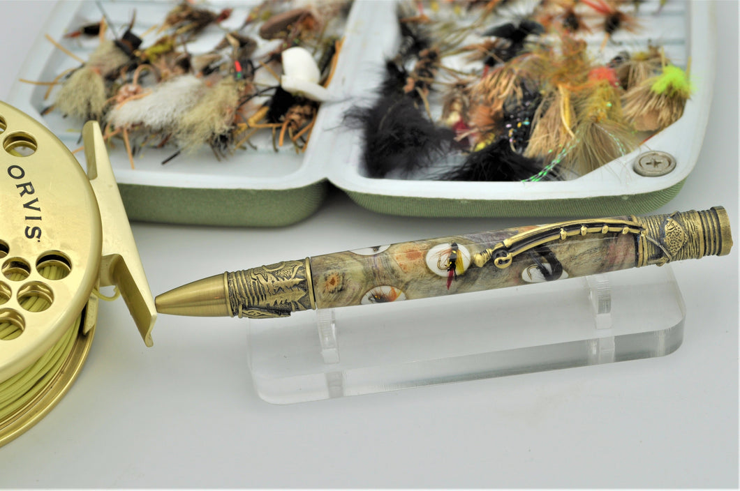 Fly Fishing Ballpoint Pen with Real Flies on Buckeye Burl Wood, Handmade Custom, One of a Kind